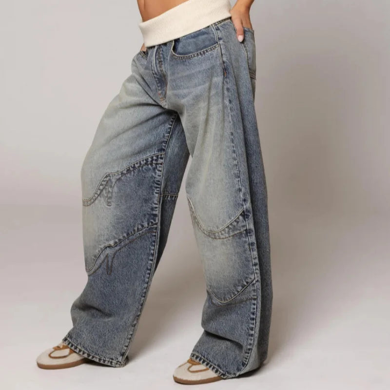 Dames Baggy Jeans met Wijde Pijpen en Rib Tailleband