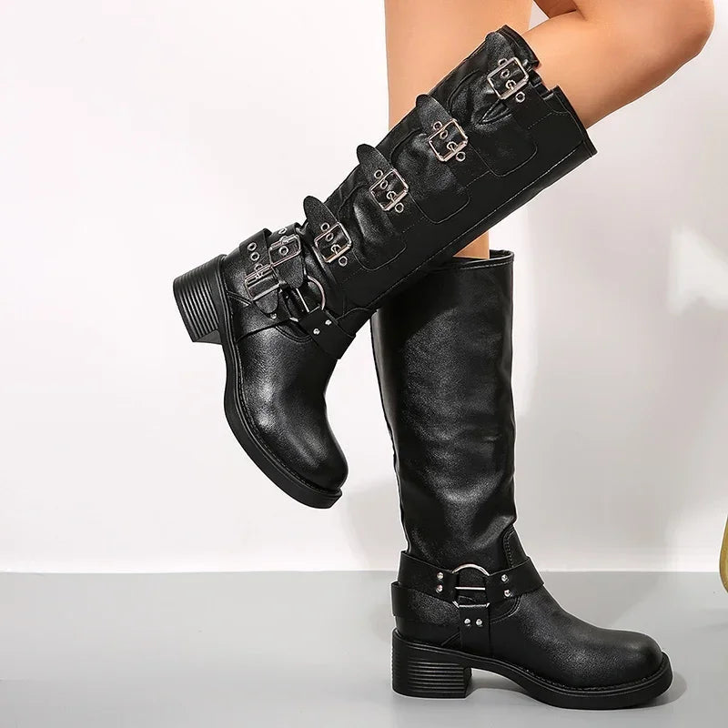 Dames Biker Boots met Chunky Hak en Gespen