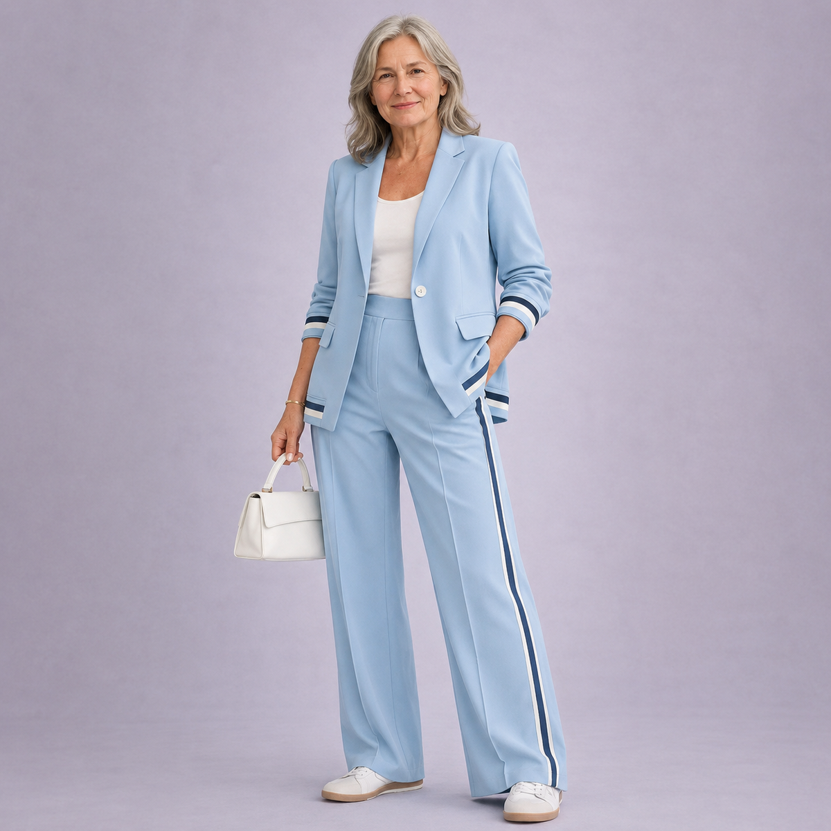 Dames Blazer en Wide-leg Broek Set met Contrastbies