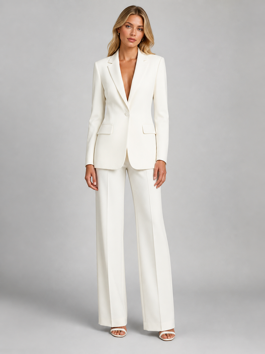 Dames Blazer en Wide-Leg Broek Set met Notch Revers en Knoopsluiting