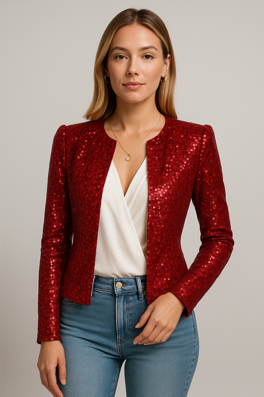 Dames Blazer met Pailletten Lange Mouw en Open Voorkant Slim Fit