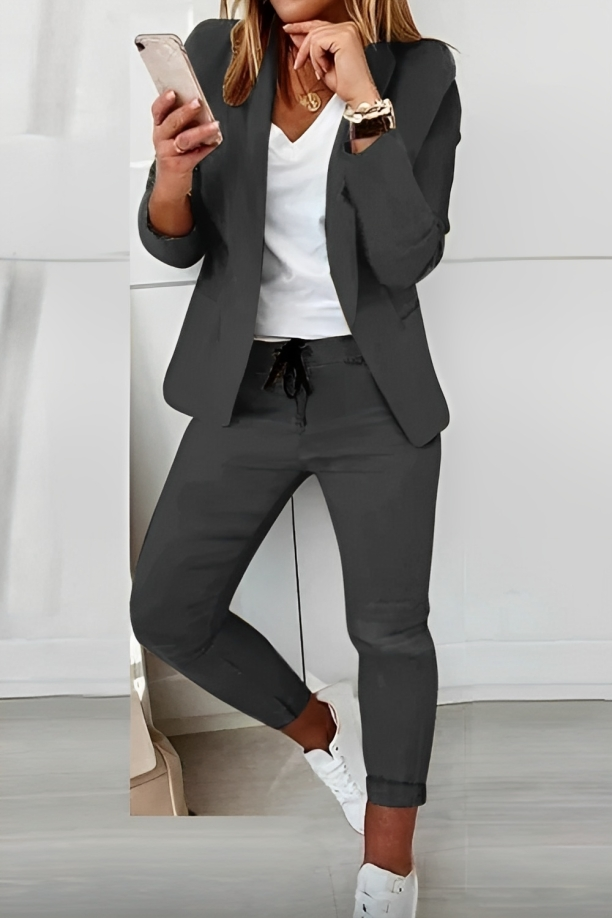 Dames Blazer Set met Broek en Trekkoord Lange Mouw Open Revers