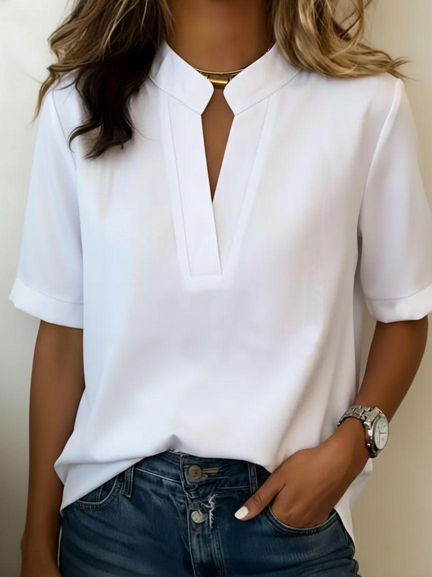 Dames Blouse Korte Mouw met V-hals en Staande Kraag