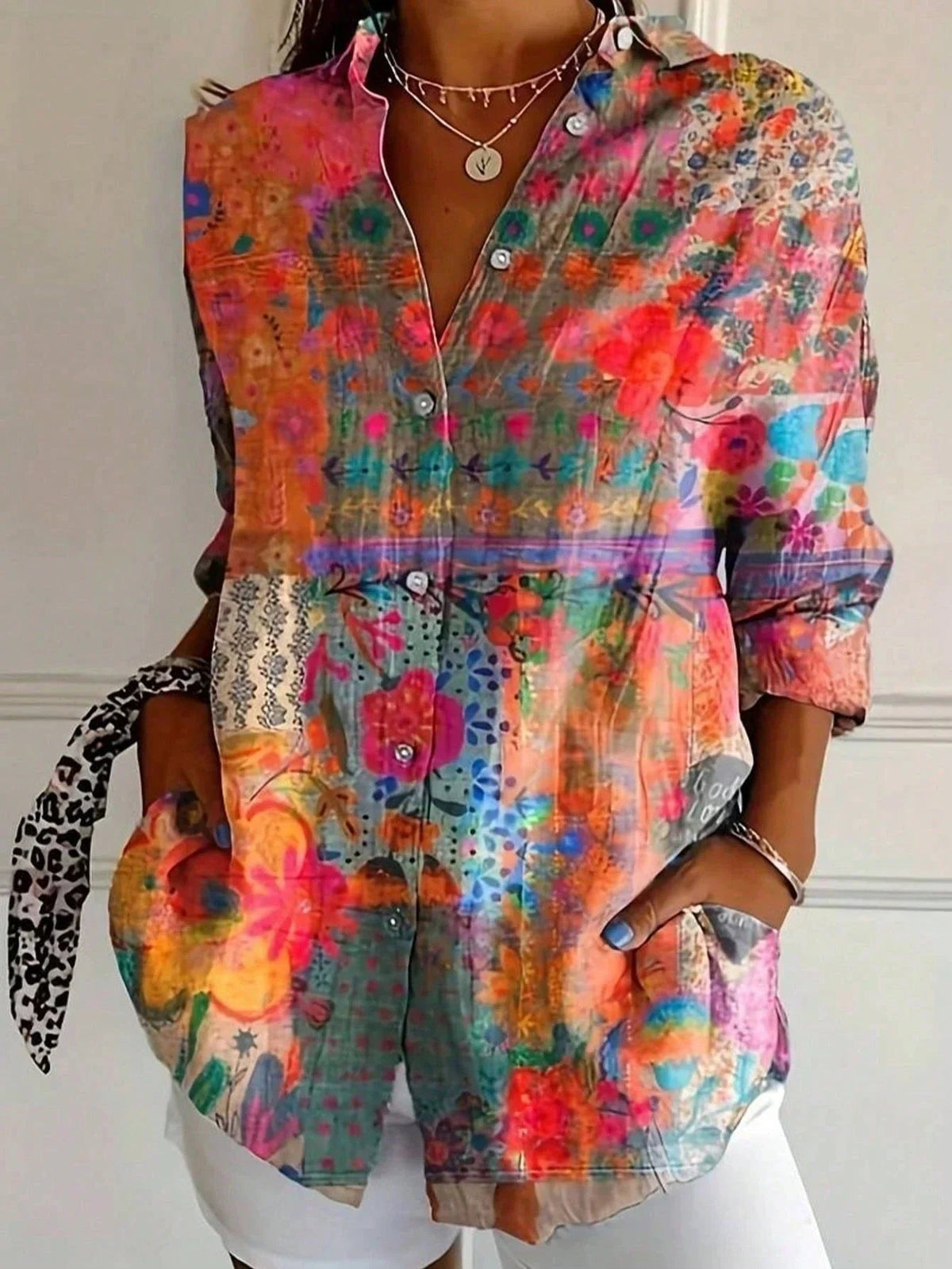 Dames Blouse Lange Mouw met Bloemenprint en Knoopsluiting Oranje