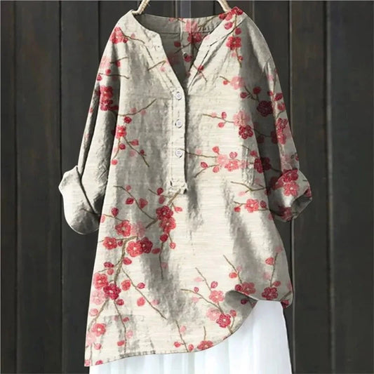 Dames Blouse met Bloemenprint en V-hals Rood