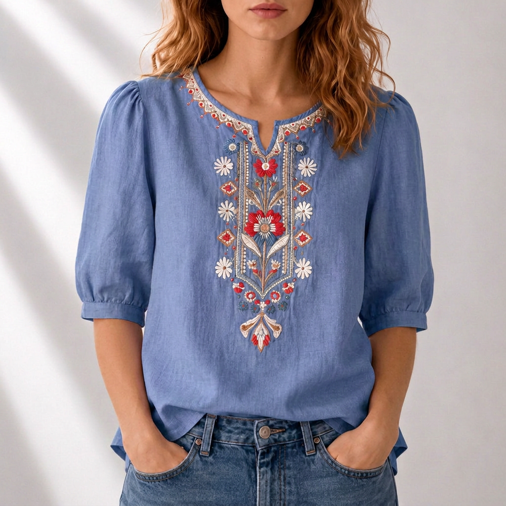 Dames Blouse met Korte Mouw, Geborduurd Bloemmotief en Split-hals
