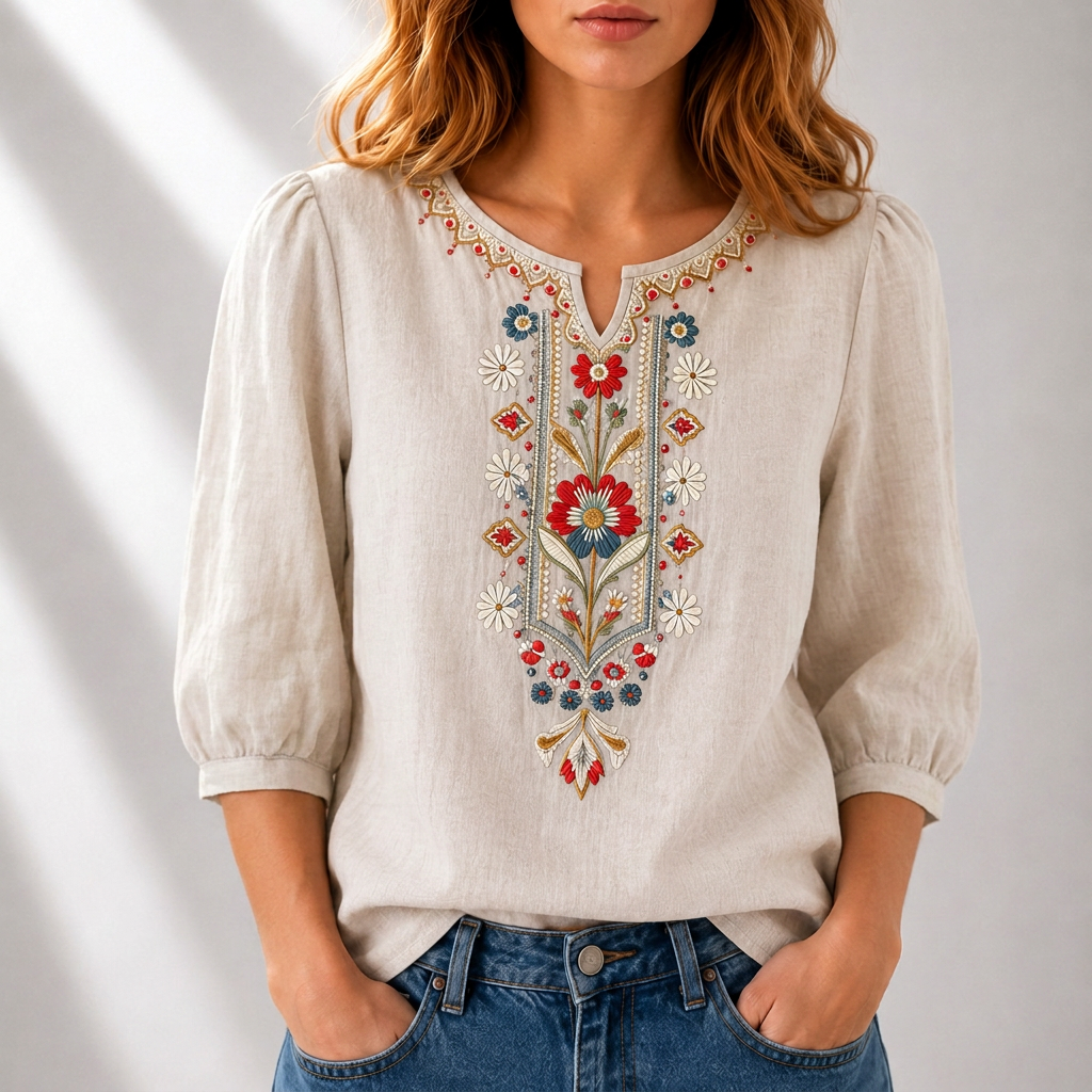 Dames Blouse met Korte Mouw, Geborduurd Bloemmotief en Split-hals