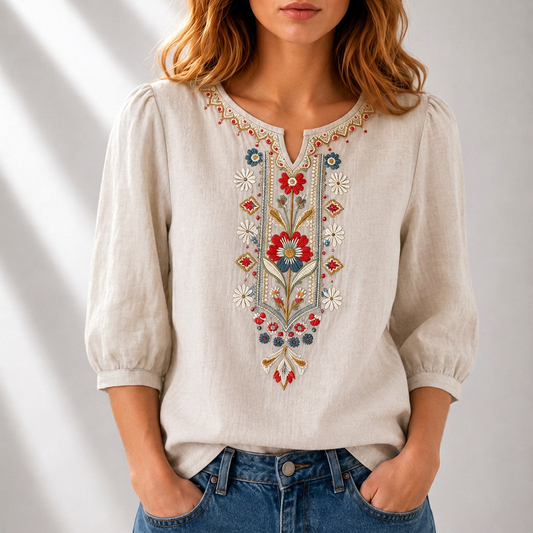 Dames Blouse met Korte Mouw, Geborduurd Bloemmotief en Split-hals