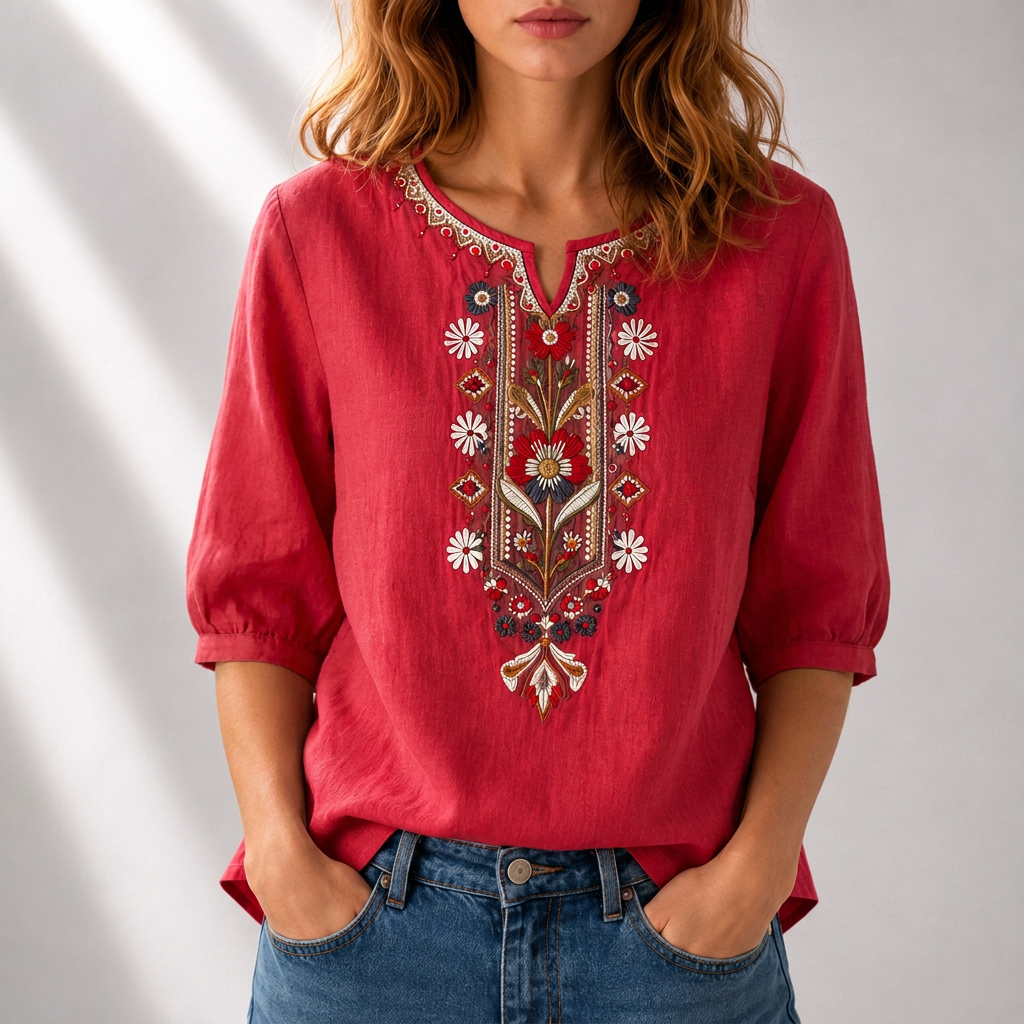 Dames Blouse met Korte Mouw, Geborduurd Bloemmotief en Split-hals
