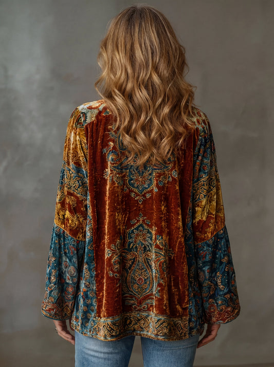 Dames Boho Kimono Cardigan met Paisley Patchwork en Wijde Mouwen