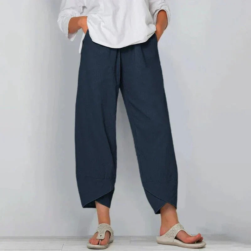Dames Broek Wijd Model Gekruist Zoomuiteinde en Elastische Taille Marineblauw