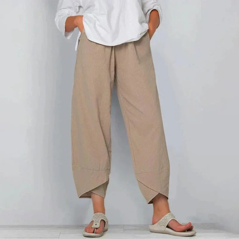 Dames Broek Wijd Model Gekruist Zoomuiteinde en Elastische Taille Khaki