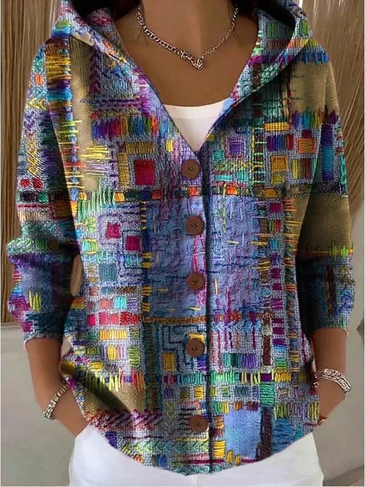 Dames Cardigan met Capuchon en Knoopsluiting Lange Mouw met Print