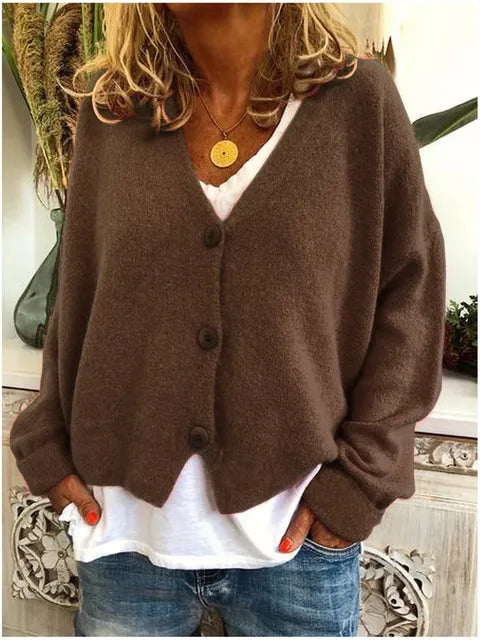 Dames Cardigan Vest met Knoopsluiting en Lange Mouwen Donkerbruin