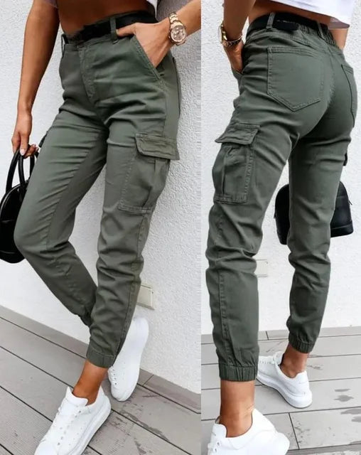 Dames Cargo Broek Slim Fit met Hoge Taille en Elastische Enkelboord