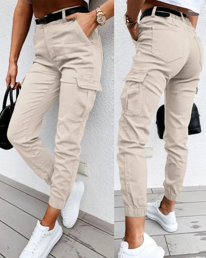 Dames Cargo Broek Slim Fit met Hoge Taille en Elastische Enkelboord