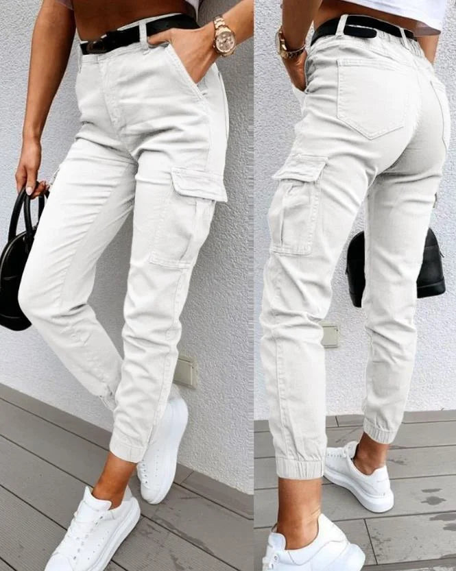 Dames Cargo Broek Slim Fit met Hoge Taille en Elastische Enkelboord