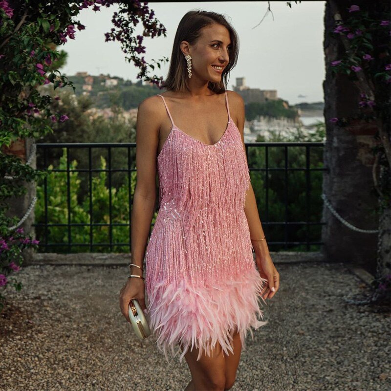 Dames Cocktailjurk met Spaghettibanjes en Pailletten Roze