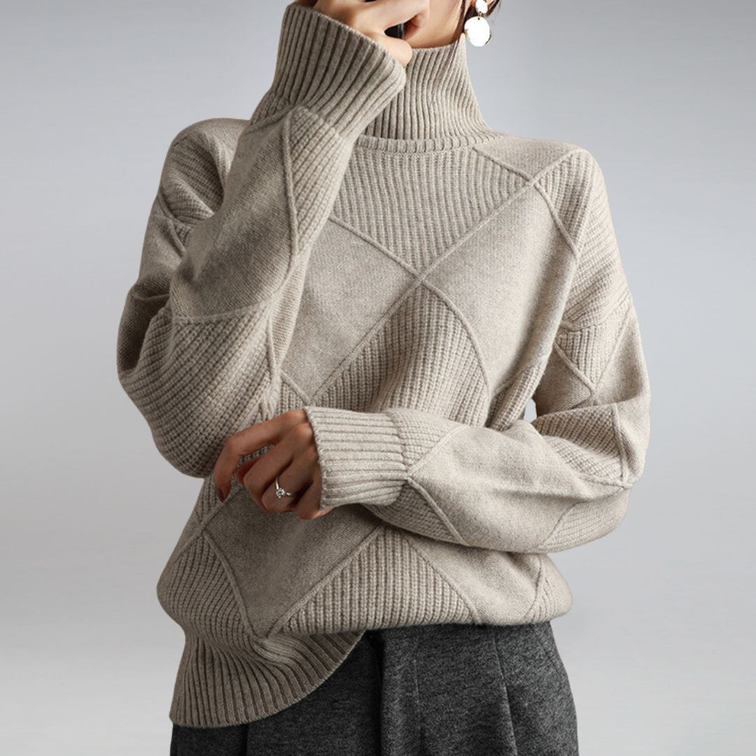 Dames Coltrui - Warme Gebreide Pullover met Ruitpatroon Grijs