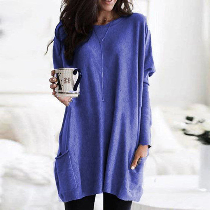 Dames Comfortabele Lange Trui met Praktische Zakken Blauw
