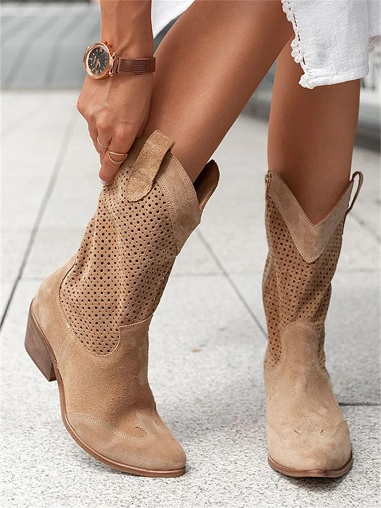 Dames Cowboy Boots met Perforatie en Blokhak