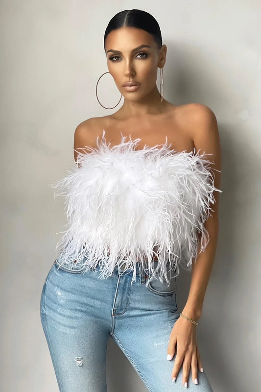 Dames Crop Top Mouwloos met Veren Detail