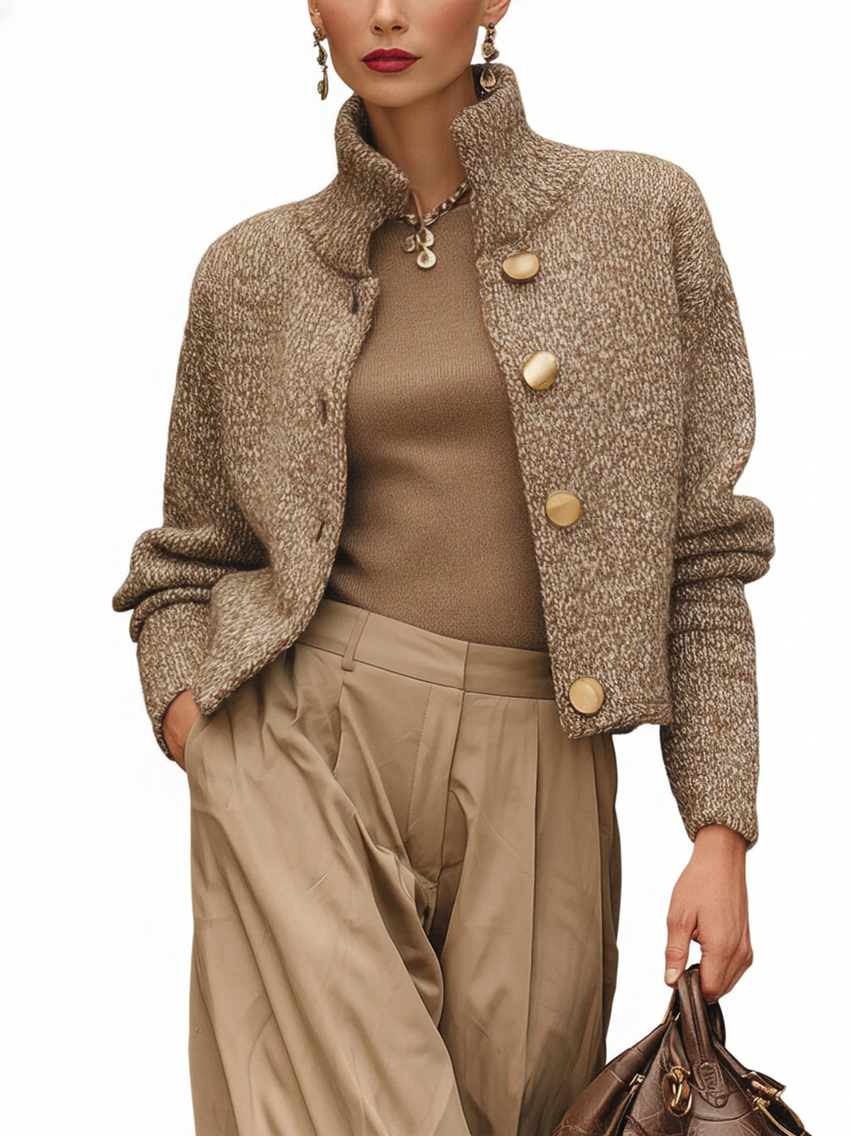 Dames Cropped Cardigan met Staande Kraag en Gouden Knopen