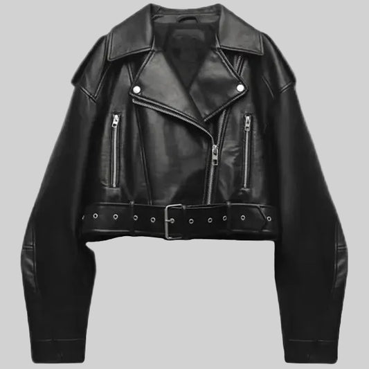 Dames Cropped Faux Leather Jacket met Riem en Oversized Revers