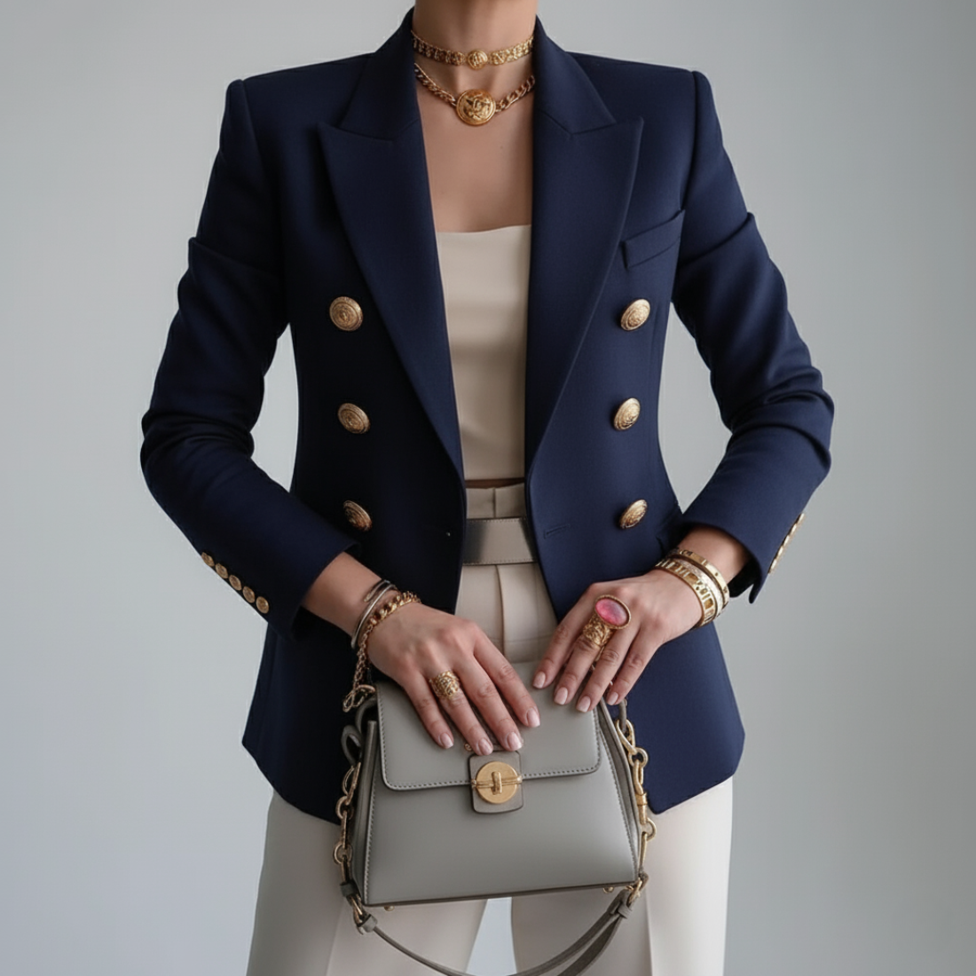 Dames Double Breasted Blazer met Gouden Knopen en Notch Revers