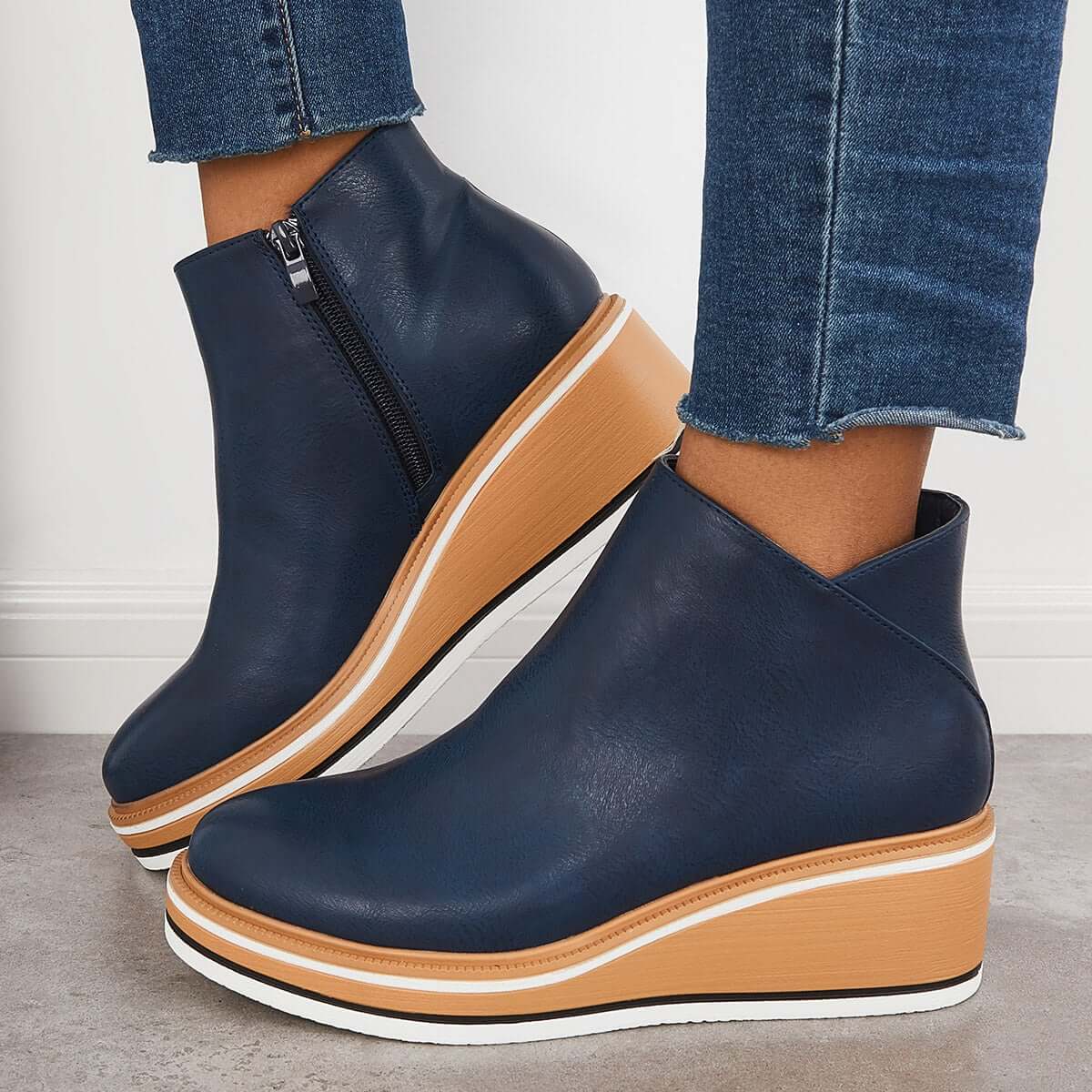 Dames Enkellaarsjes met Hak en Ritssluiting in Zwart Blauw
