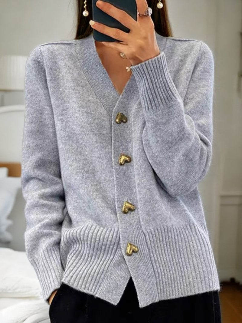Dames Gebreide Cardigan met V-hals en Gouden Knopen Grijs