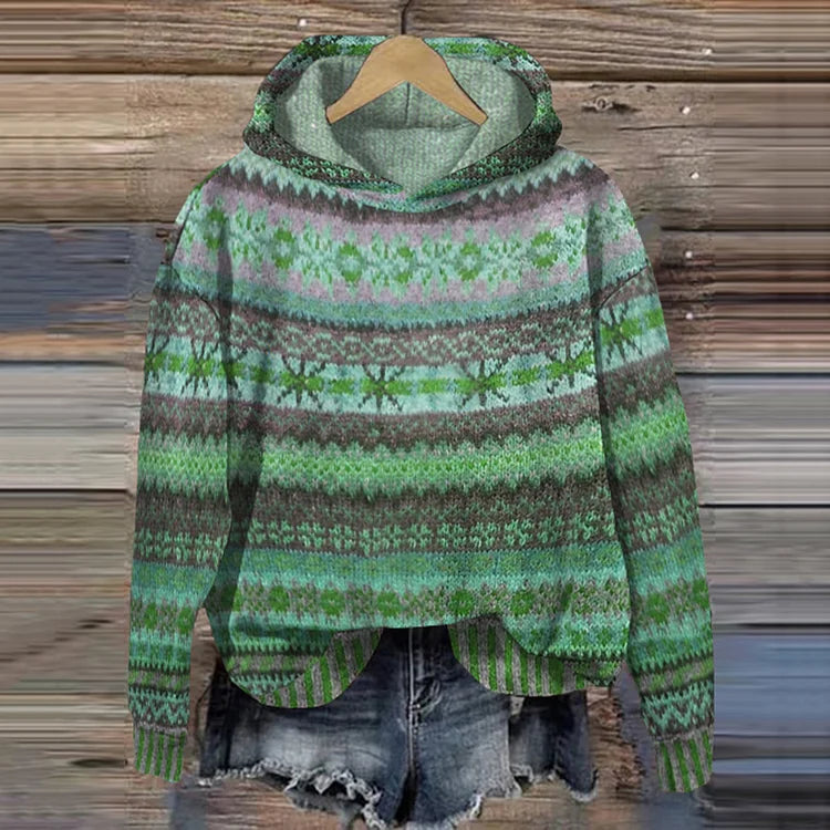 Dames Gebreide Hoodie met Kleurrijk Patroon Groen