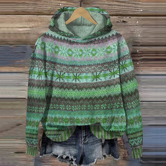 Dames Gebreide Hoodie met Kleurrijk Patroon Groen