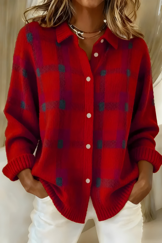 Dames Geruite Oversized Cardigan met Kraag en Knoopsluiting Rood