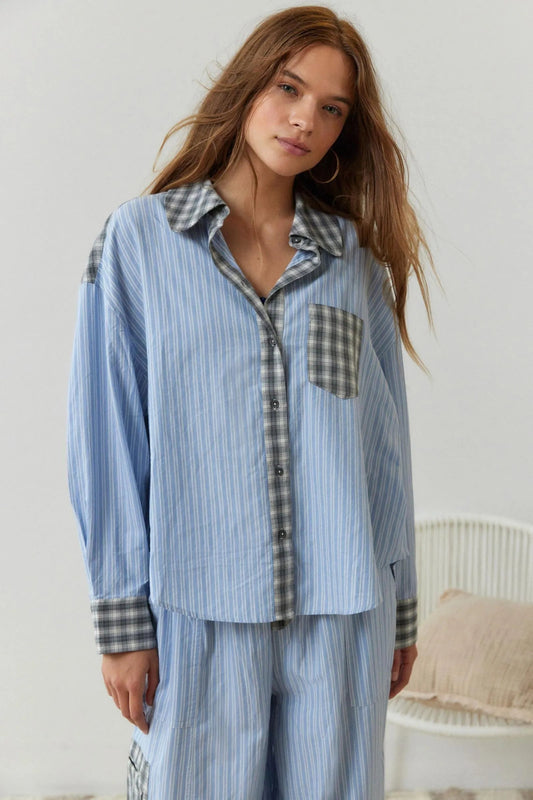 Dames Geruite pyjamaset - Comfortabele Tweedelige Nachtkleding Lichtblauw