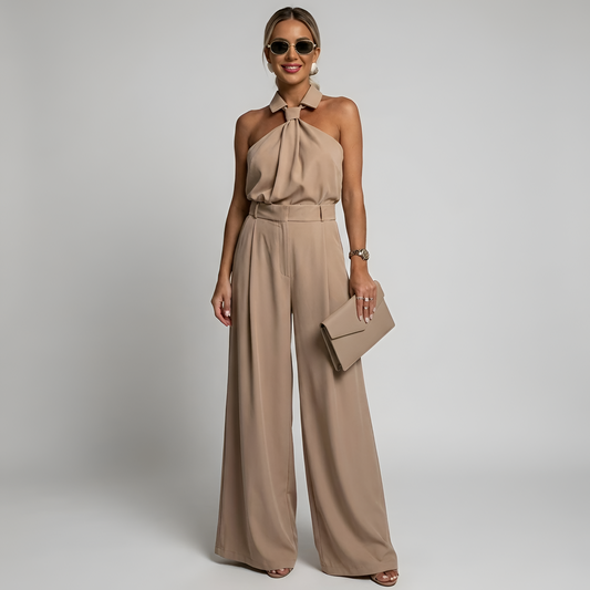 Dames Haltertop met Wijde Pijp Broek – 2-Delige Set Kaki
