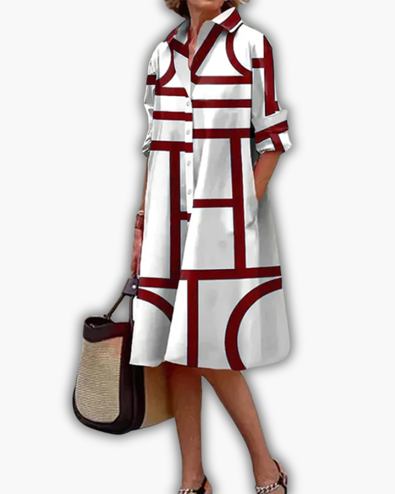Dames Hemdjurk met Geometrische Print en Zakken Rood