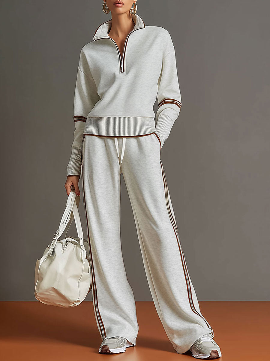 Dames Joggingpak met Halfrits Sweater en Wide Leg Broek met Zijstrepen