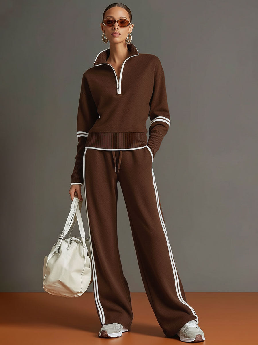 Dames Joggingpak met Halfrits Sweater en Wide Leg Broek met Zijstrepen