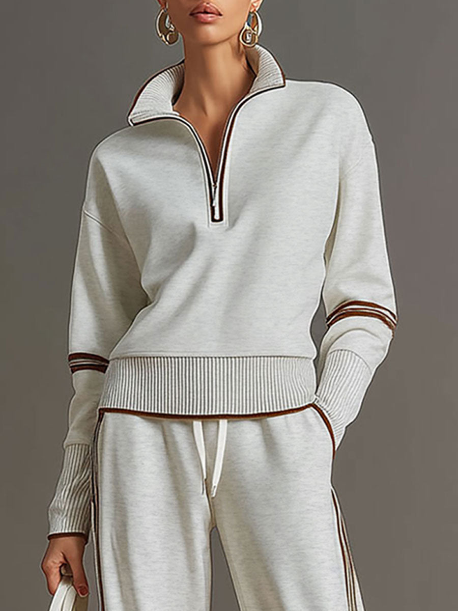 Dames Joggingpak met Halfrits Sweater en Wide Leg Broek met Zijstrepen