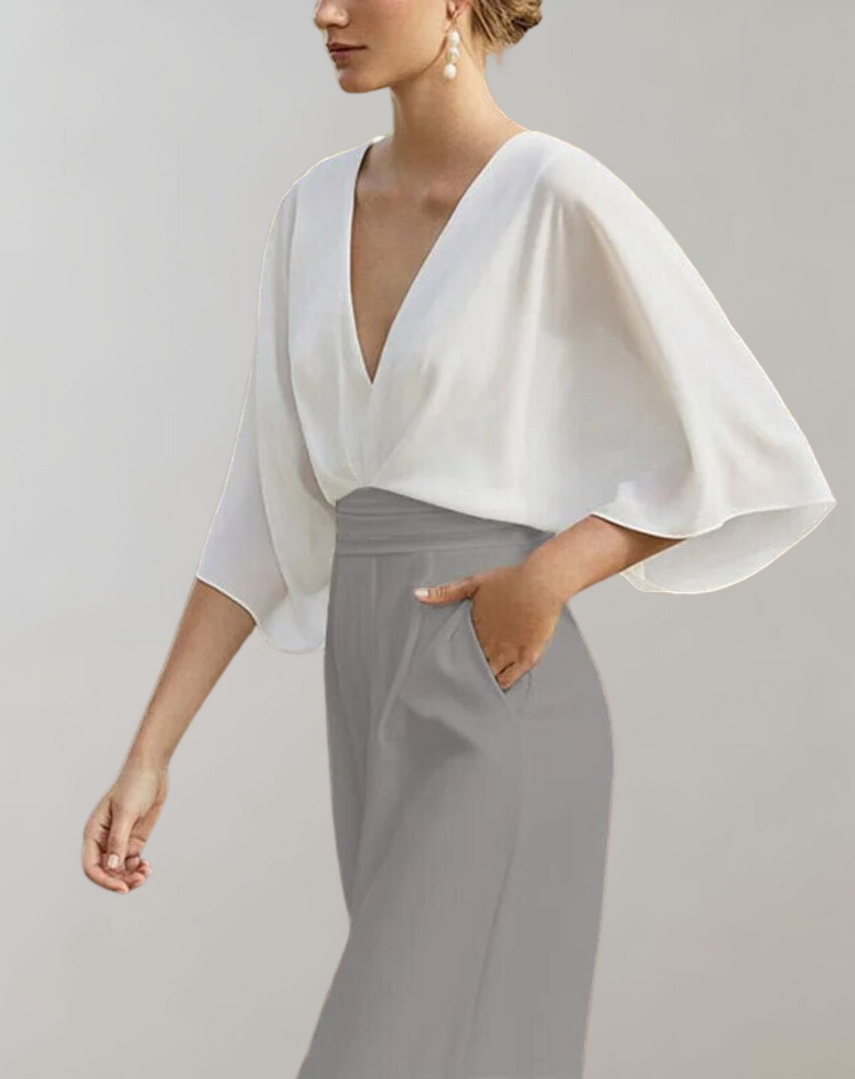 Dames Jumpsuit met V-hals, Vleermouwen en Wijde Pijpen Wit Grijs