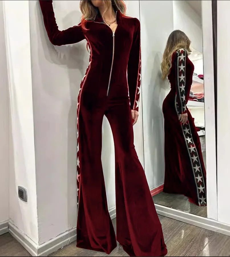 Dames Jumpsuit met Wijde Pijpen en Voorrits met Sterrenprint