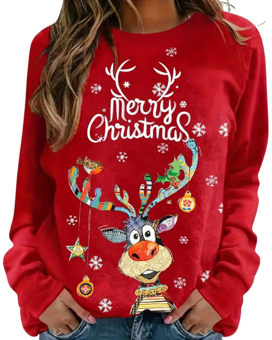 Dames Kersttrui met Rendierprint en Ronde Hals