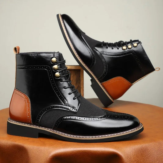 Dames Laarzen met Brogue-Details, Vetersluiting en Lage Hak Zwart