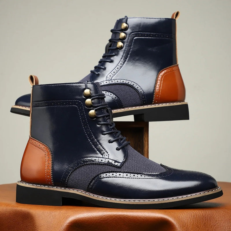 Dames Laarzen met Brogue-Details, Vetersluiting en Lage Hak Marineblauw