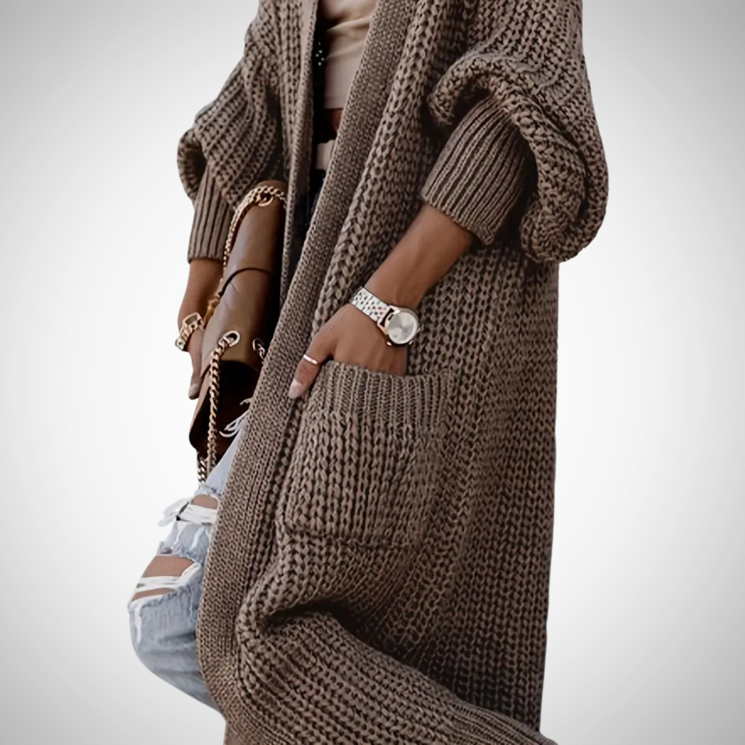 Dames Lang Gebreid Cardigan Vest met Open Voorzijde en Zakken
