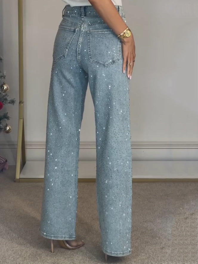 Dames Lange Flared Broek met Glinsterende Details en Hoge Taille