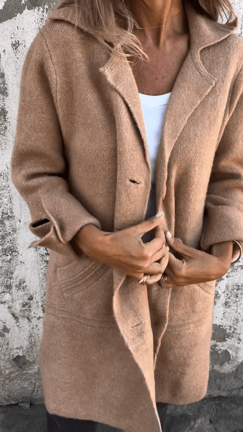 Dames Lange Gebreide Cardigan met Reverskraag Vestjas Bruin