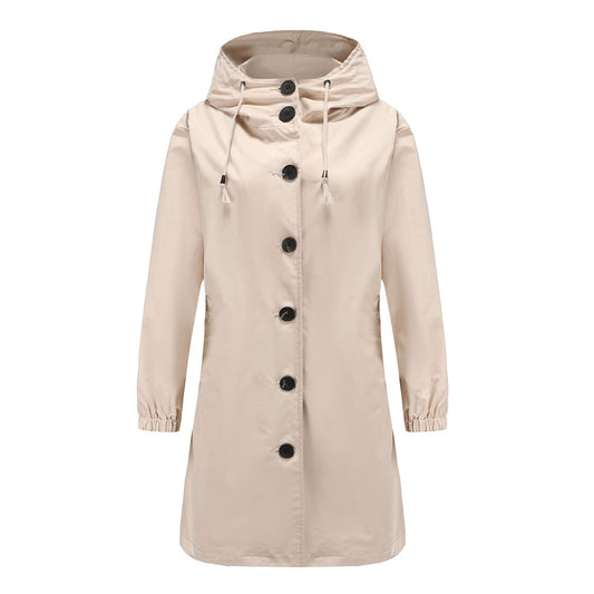 Dames Lange Regenjas met Grote Knopen en Verstelbare Capuchon Beige