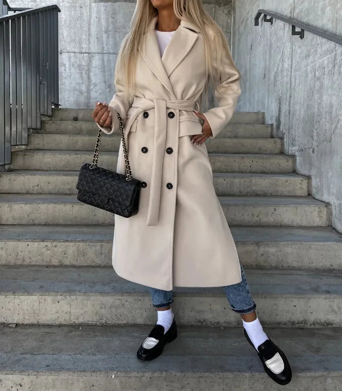 Dames Lange Trenchcoat met Dubbele Rij Knopen